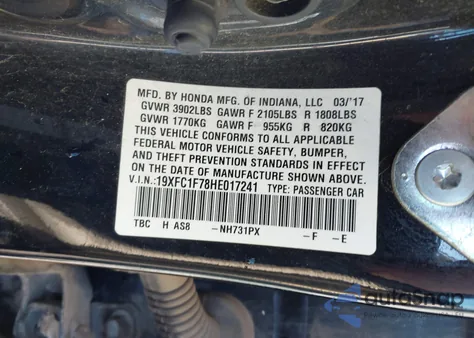 2017 Honda Civic Ex-L from USA, damaged, VIN 19XFC1F78HE017241